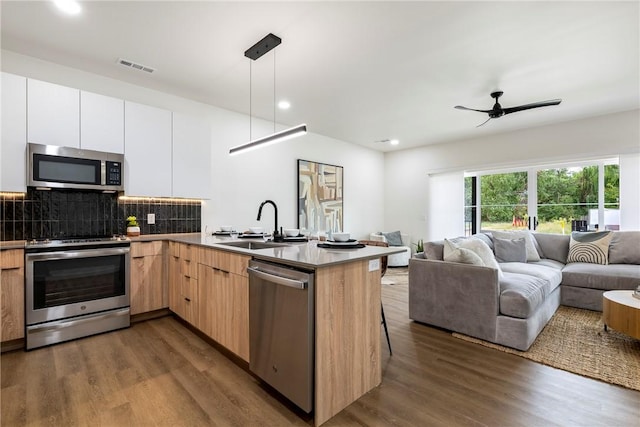 kitchen with appliances with stainless steel finishes, pendant lighting, sink, white cabinets, and dark wood-type flooring