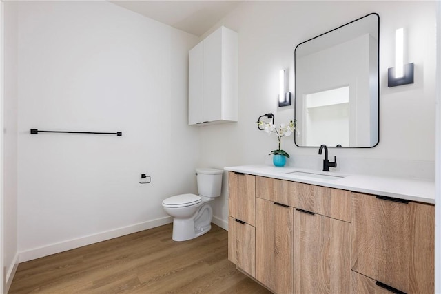 bathroom featuring toilet, vanity, and wood-type flooring