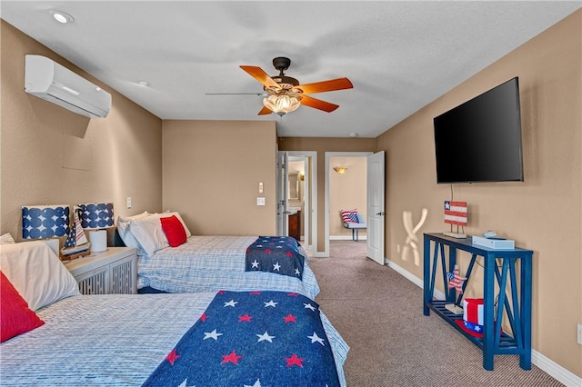 carpeted bedroom featuring a wall mounted AC and ceiling fan