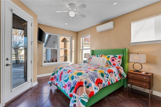 bedroom with ceiling fan, a wall unit AC, and access to outside