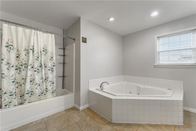 full bathroom with baseboards, recessed lighting, and tile patterned floors