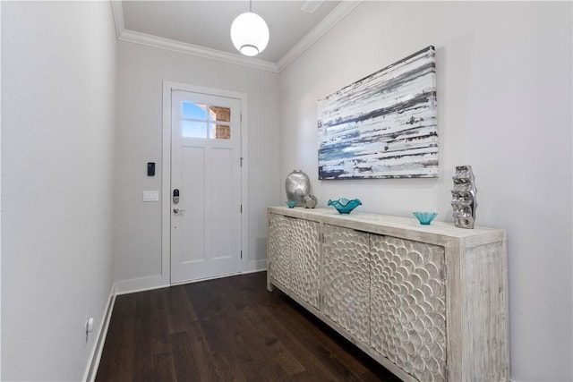 foyer with crown molding and dark wood-type flooring