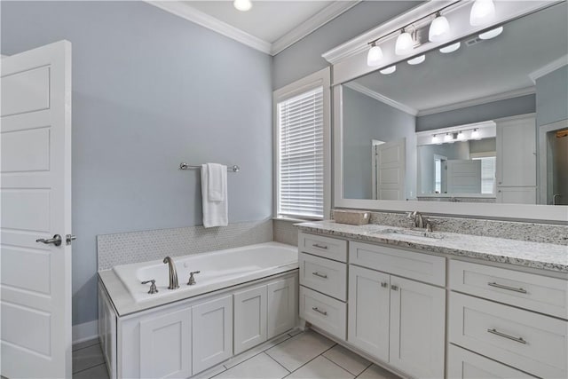 bathroom with crown molding, vanity, tile patterned floors, and a tub to relax in