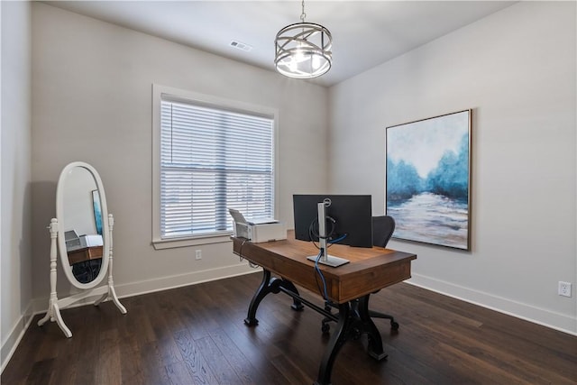 office space featuring dark wood-type flooring