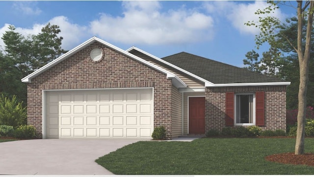 view of front of property with a garage and a front lawn