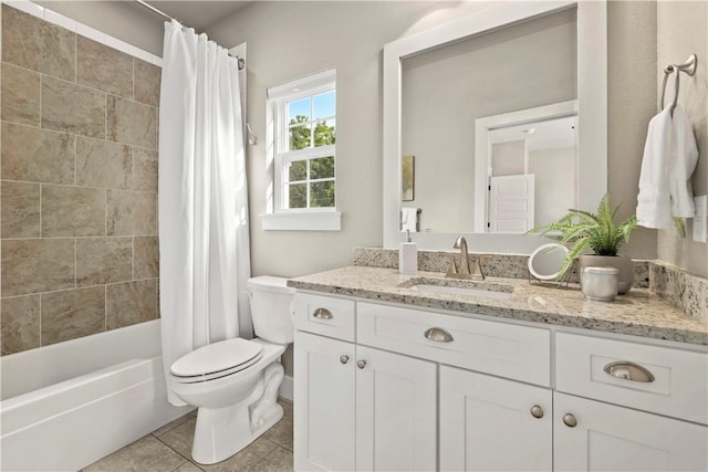 full bathroom featuring tile patterned flooring, vanity, shower / bath combination with curtain, and toilet