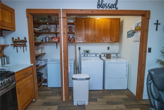 laundry room featuring cabinets, washing machine and clothes dryer, and dark hardwood / wood-style floors