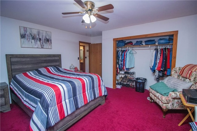 bedroom with carpet, ceiling fan, and a closet