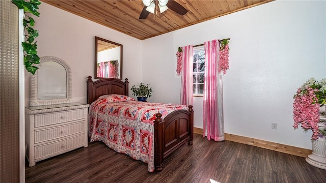 bedroom featuring wood ceiling, dark wood-type flooring, and ceiling fan