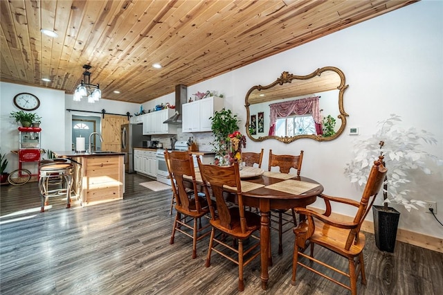 dining space with a barn door, sink, wooden ceiling, and dark hardwood / wood-style flooring