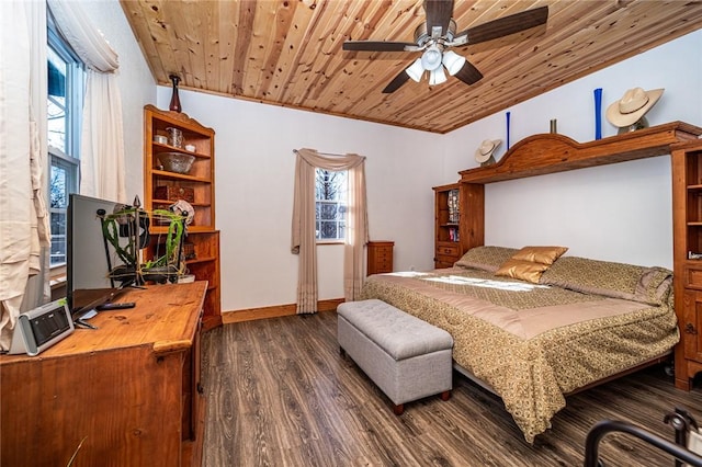 bedroom with multiple windows, ceiling fan, wooden ceiling, and dark hardwood / wood-style flooring