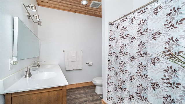 bathroom featuring wood-type flooring, vanity, walk in shower, toilet, and wooden ceiling