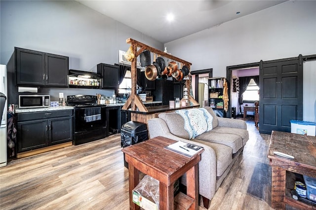 living room with a high ceiling, a barn door, and light wood-type flooring