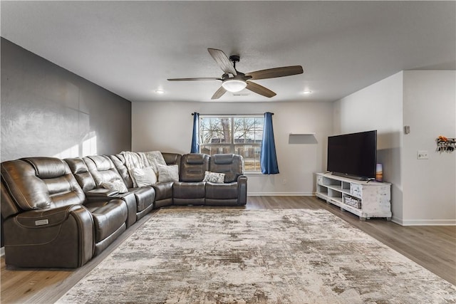 living room with ceiling fan and wood-type flooring