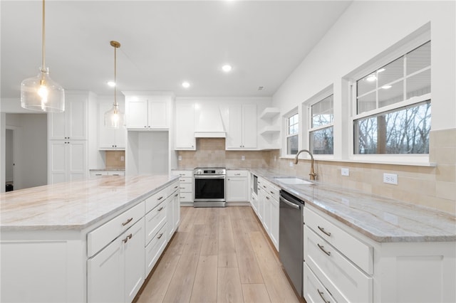 kitchen with dishwasher, custom exhaust hood, decorative backsplash, stove, and a sink