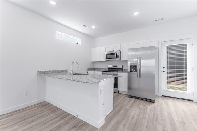 kitchen with sink, appliances with stainless steel finishes, white cabinetry, kitchen peninsula, and light wood-type flooring