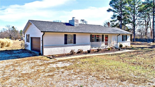 3001 Waukesha Rd, Siloam Springs, AR 72761 - ranch-style house with a garage, a chimney, covered porch, driveway, and brick siding