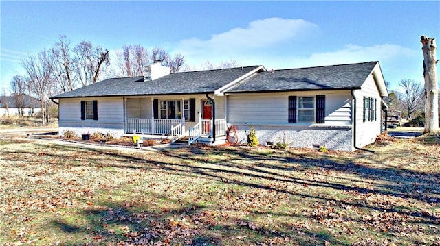 3001 Waukesha Rd, Siloam Springs, AR 72761 - ranch-style house with a chimney, a porch, roof with shingles, and brick siding