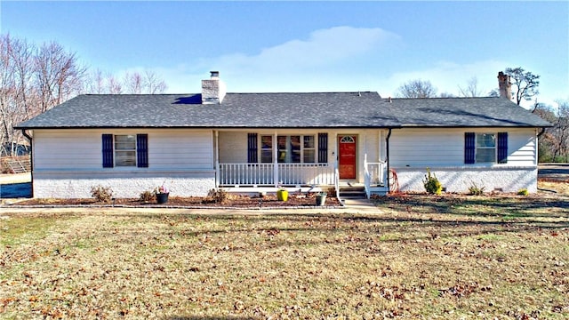 3001 Waukesha Rd, Siloam Springs, AR 72761 - ranch-style house with a chimney, a porch, brick siding, and a front yard