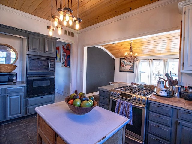 kitchen featuring wood ceiling, a kitchen island, hanging light fixtures, and black appliances