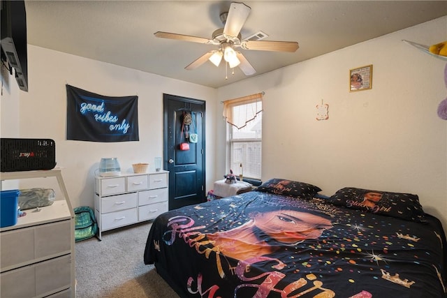 carpeted bedroom with ceiling fan