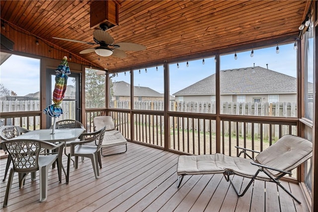 sunroom featuring wood ceiling, ceiling fan, and vaulted ceiling