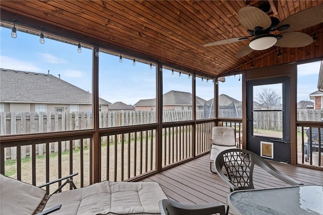 sunroom with ceiling fan, lofted ceiling, and wood ceiling