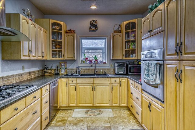 kitchen with stainless steel appliances, sink, and wall chimney exhaust hood