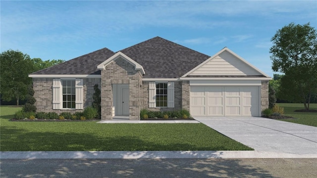 view of front of house with brick siding, an attached garage, concrete driveway, and a front lawn