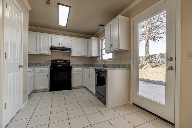 kitchen featuring black appliances, a sink, under cabinet range hood, ornamental molding, and white cabinets