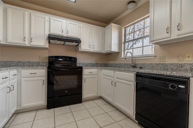 kitchen featuring black appliances, under cabinet range hood, a sink, white cabinets, and light tile patterned flooring