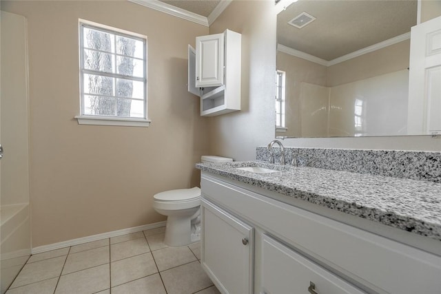 full bathroom featuring baseboards, toilet, crown molding, vanity, and tile patterned floors
