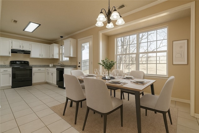 dining room with light tile patterned floors, ornamental molding, a chandelier, and baseboards
