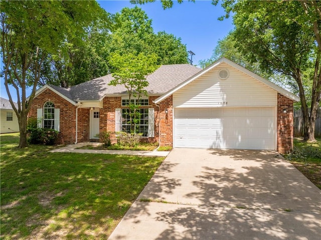 1678 Oxford Pl, Springdale, AR 72764 - ranch-style home featuring brick siding, an attached garage, driveway, a front lawn, and a shingled roof