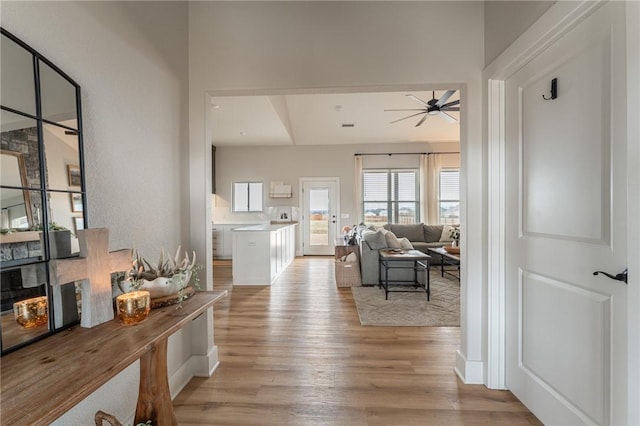 living room with ceiling fan and light wood-type flooring