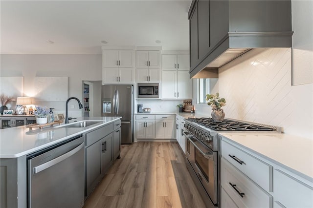 kitchen featuring appliances with stainless steel finishes, white cabinetry, an island with sink, sink, and backsplash