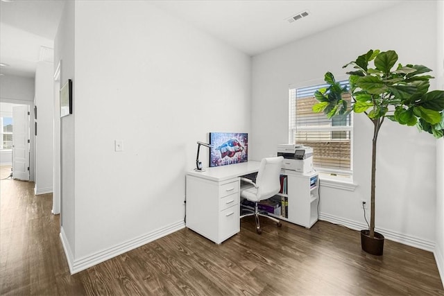 home office featuring dark hardwood / wood-style floors