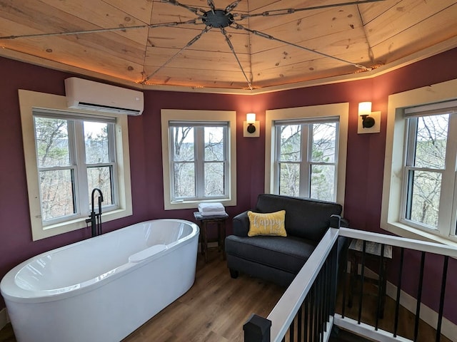 living room featuring lofted ceiling, a wall mounted air conditioner, wooden ceiling, and hardwood / wood-style floors