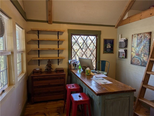 home office featuring vaulted ceiling with beams and dark wood-type flooring