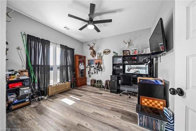 office area with visible vents, ceiling fan, and wood finished floors