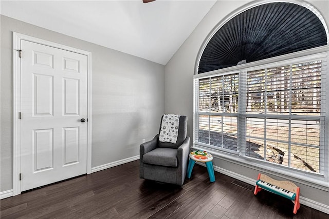 living area featuring dark wood-type flooring and lofted ceiling