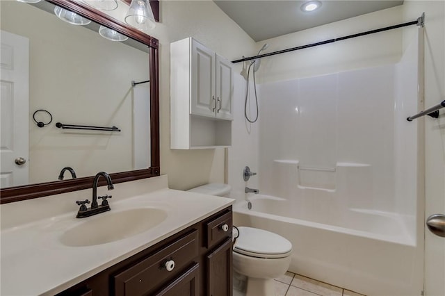 full bathroom with shower / bathtub combination, vanity, toilet, and tile patterned flooring