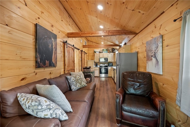 living room with wood ceiling, wooden walls, a barn door, and dark hardwood / wood-style flooring