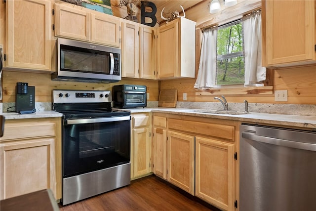 kitchen featuring appliances with stainless steel finishes, dark hardwood / wood-style flooring, light brown cabinetry, and sink