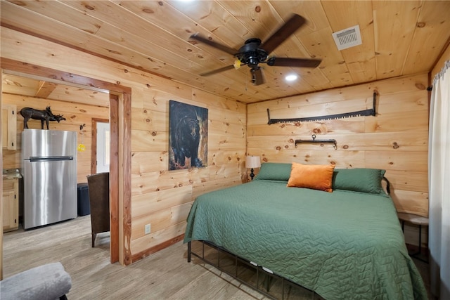 bedroom with light hardwood / wood-style flooring, stainless steel fridge, wooden ceiling, and wood walls