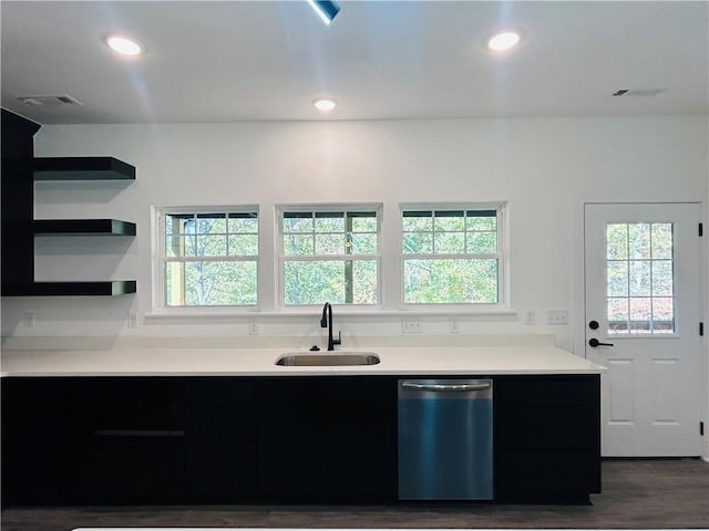 kitchen with stainless steel dishwasher, dark hardwood / wood-style flooring, and sink