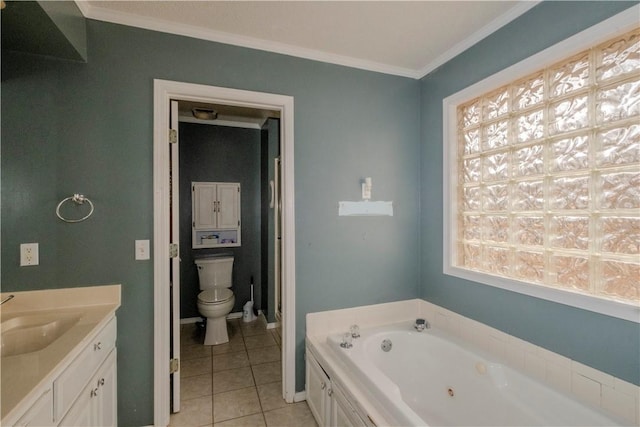 2 Quantock Hills Ln, Bella Vista, AR 72715 - full bath with tile patterned flooring, crown molding, a whirlpool tub, toilet, and vanity