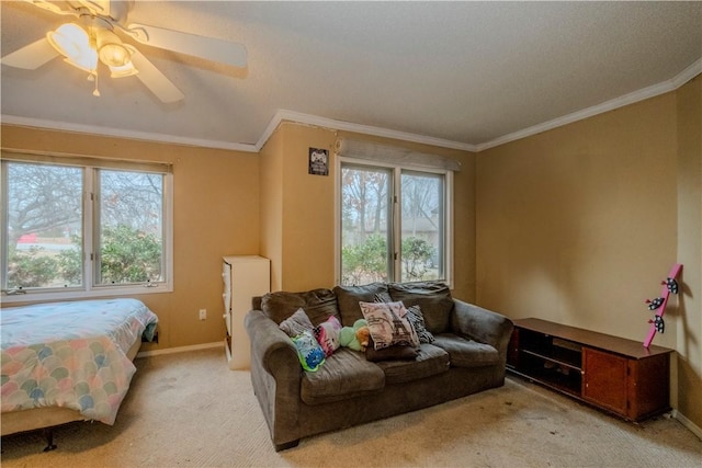 2 Quantock Hills Ln, Bella Vista, AR 72715 - bedroom featuring crown molding, light carpet, ceiling fan, and baseboards