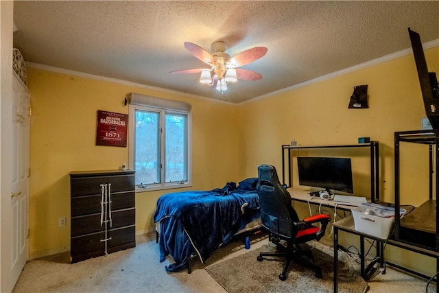 carpeted bedroom with ceiling fan, ornamental molding, and a textured ceiling