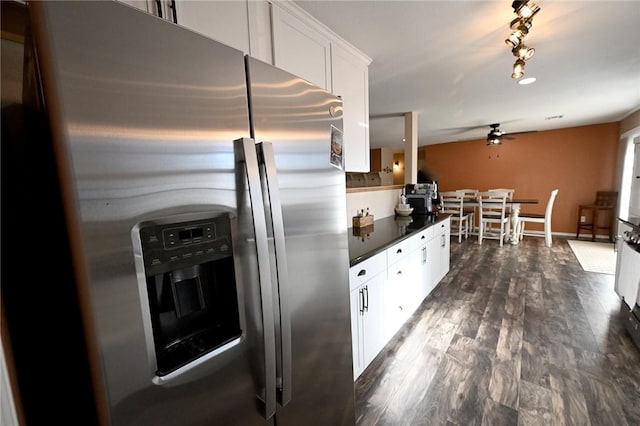 kitchen featuring dark hardwood / wood-style floors, white cabinetry, stainless steel fridge, ceiling fan, and track lighting